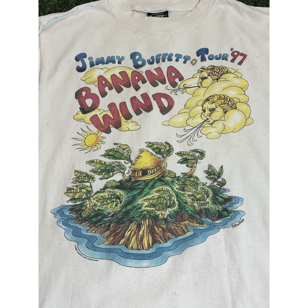 Vintage Jimmy Buffett Banana Wind 1997 Tour T Shirt Large White Giant Tag Band - Picture 7 of 16